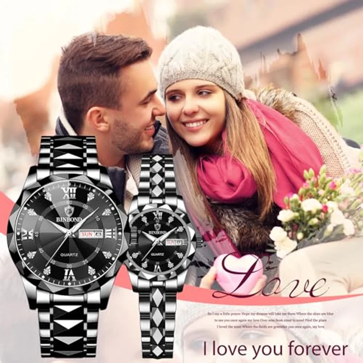 JewelryWe Paar Uhren Leuchtende Partneruhr, Schwarz Edelstahl, 30m wasserdicht, Analog Quarz mit römischen Ziffern und Diamantskala, 2er Set – Bild 2