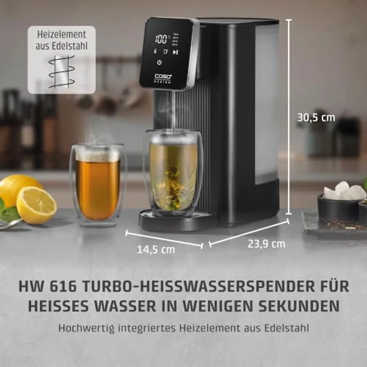 Caso Wasserkocher 1896 HW 616 Turbo, 2600 Watt, 7 Temperatureinstellungen, 2,5 Liter Wassertank, Edelstahlheizelement – Bild 2
