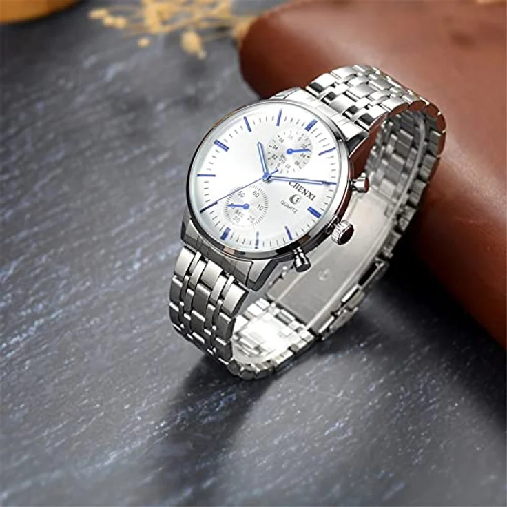 JewelryWe Edelstahl Quarz Analog Herrenuhr, Business Mode Kleid Uhr mit Kalender, Blau Silber – Bild 2