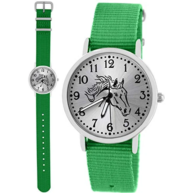 Pacific Time Mädchen Uhr 10403, analoge Quarz Armbanduhr mit grünem Textilarmband und Pferdemotiv, leuchtende Zeiger – Bild 2