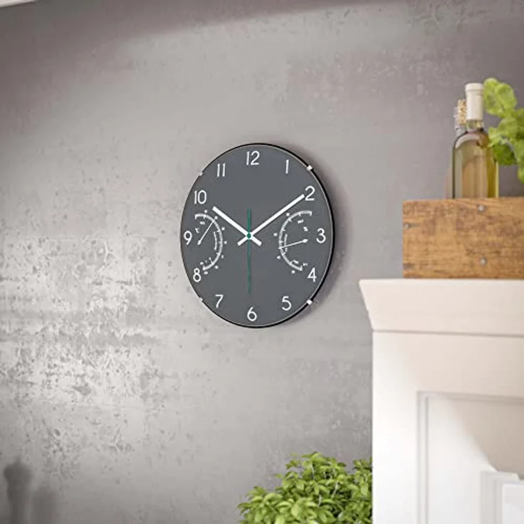 Mebus Quarz-Wanduhr mit Thermometer und Hygrometer, Glas, Grau, 30 cm – Bild 5