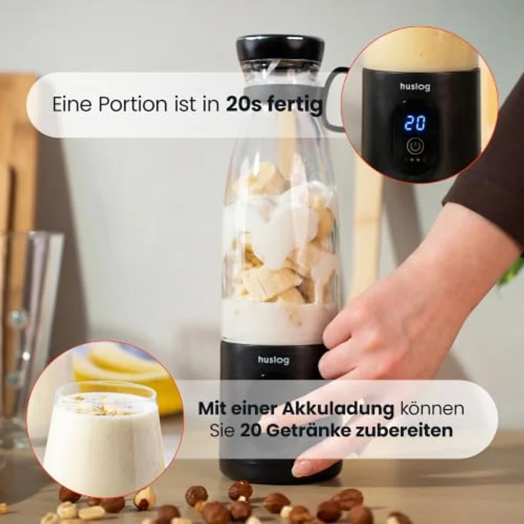 Huslog Tragbarer Kabelloser Standmixer To Go, 315W, 580 ml, USB-C, Schwarz, mit Edelstahlklingen – Bild 4