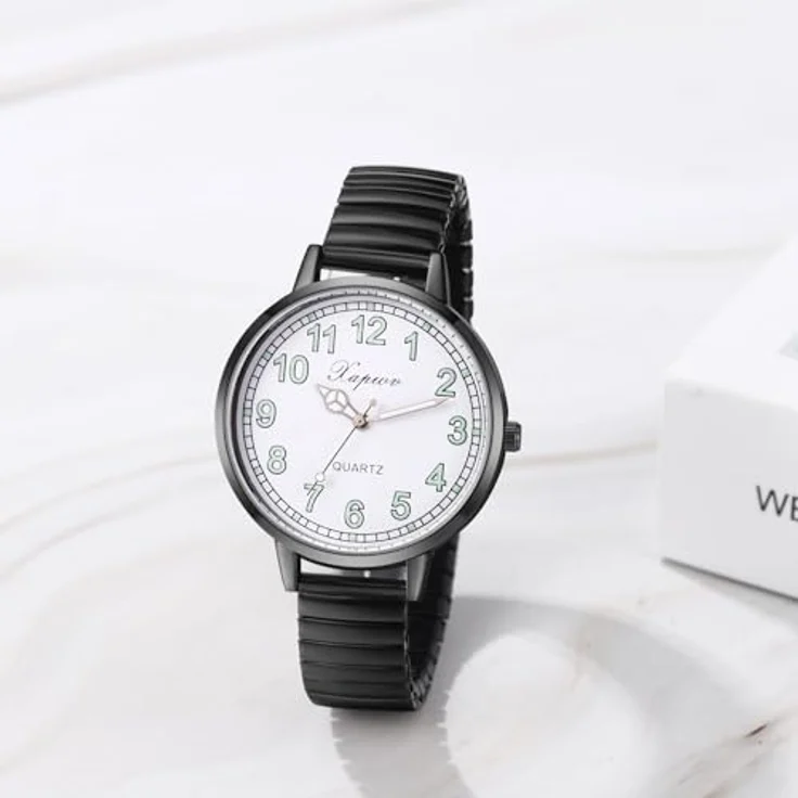 JewelryWe Damenuhr Elastische Uhr für Senioren, Schwarz Analog Quarz mit großem Zifferblatt und Edelstahl Stretcharmband – Bild 5