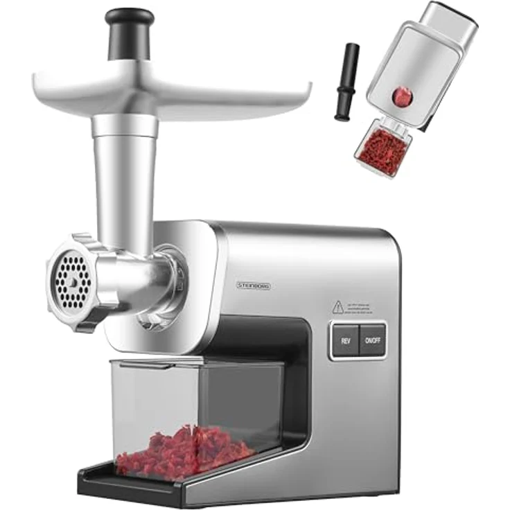 STEINBORG Fleischwolf SB-7080, elektrischer Fleischwolf mit 2000W Leistung, Edelstahl-Komponenten, 2 Geschwindigkeitsstufen, Zubehör inklusive Wurst- und Kebbe-Aufsatz – Bild 1