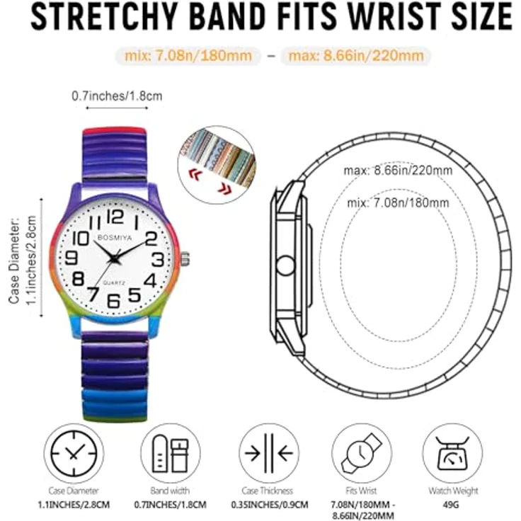 JewelryWe Regenbogen Damenuhr, Boho LGBTQ Pride Analog Quarz Armbanduhr mit elastischem Edelstahl Zugarmband und großen Zahlen Zifferblatt, 10M wasserdicht – Bild 5