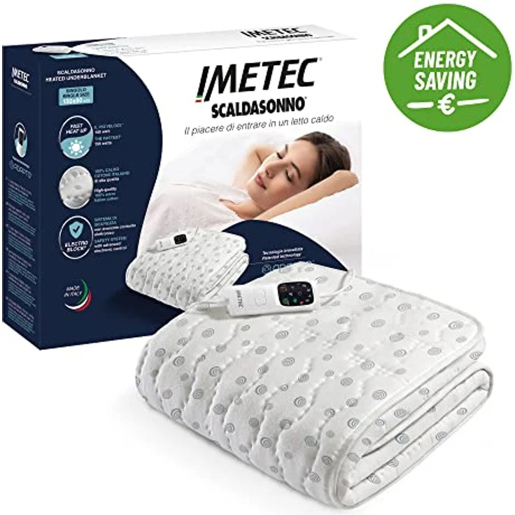 Imetec Scaldasonno Adapto, Einzelwärmeunterbett, 150x80 cm, niedriger Verbrauch, patentierte Technologie, schnelle Erwärmung, individuelle Temperatur, 100 % Baumwolle, Made in Italy, 6-Temp.-Steuerung – Bild 2