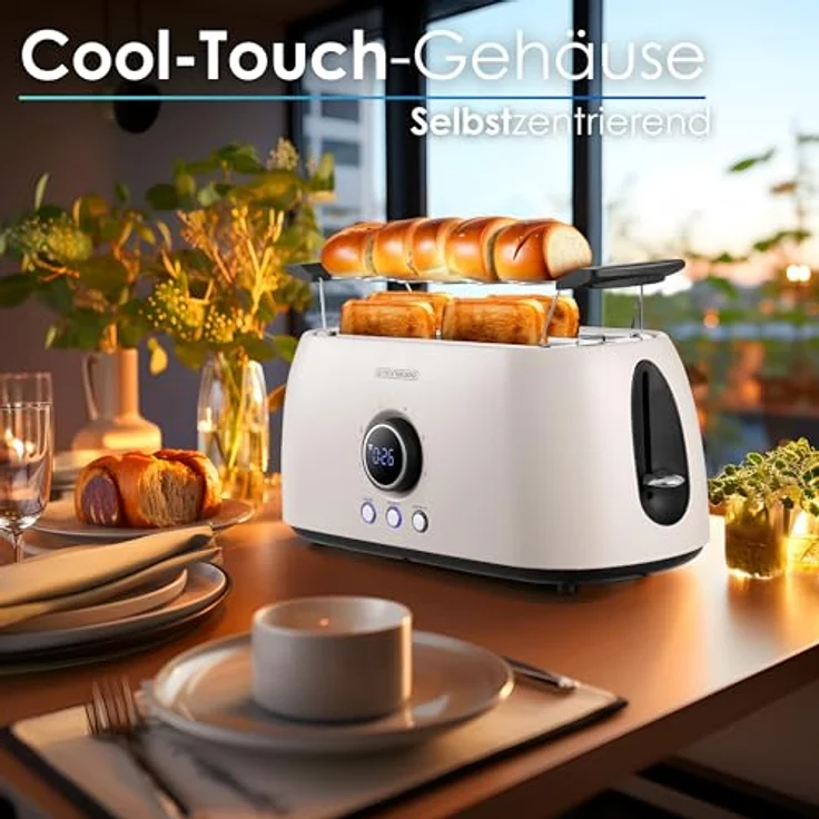 Steinborg Langschlitztoaster 4-Scheiben mit Brötchenaufsatz, automatischer Abschaltung, digitalem Display und Restzeitanzeige, Cool-Touch-Gehäuse (Bulgur Beige) – Bild 5