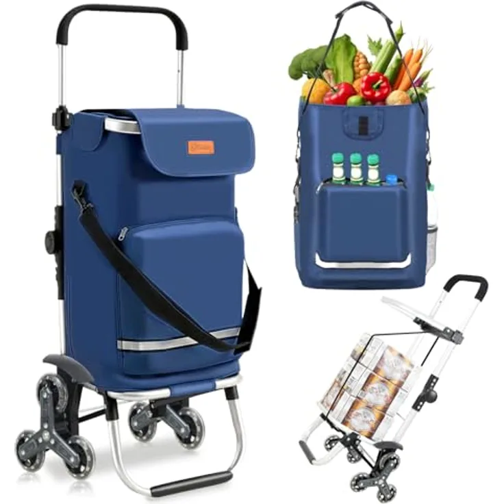 Sekey XXL Einkaufstrolley Treppensteiger, 3-in-1 Aluminium Trolley mit Höhenverstellbarem Griff, Kühlfach und Getränkefach, Blau