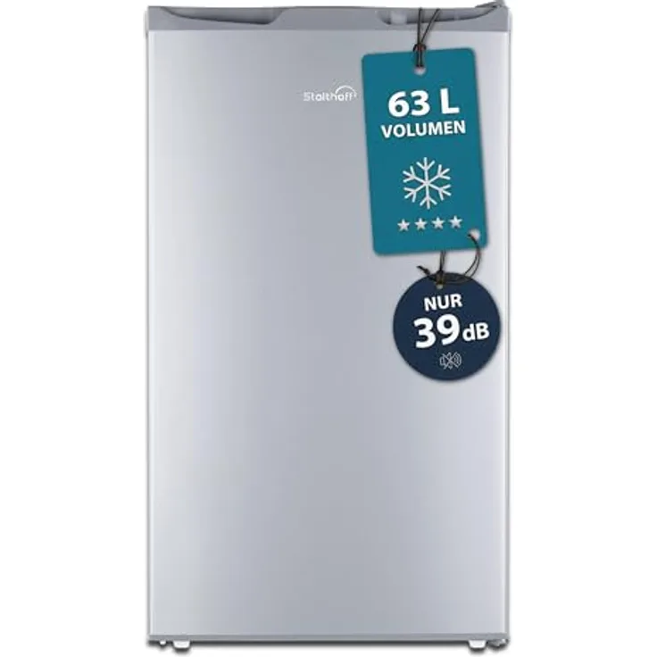Stolthoff® Mini Gefrierschrank 63L, 4 Sterne Tiefkühlschrank bis -18 °C, leise 39 dB, wechselbarer Türanschlag, freistehend, Silber