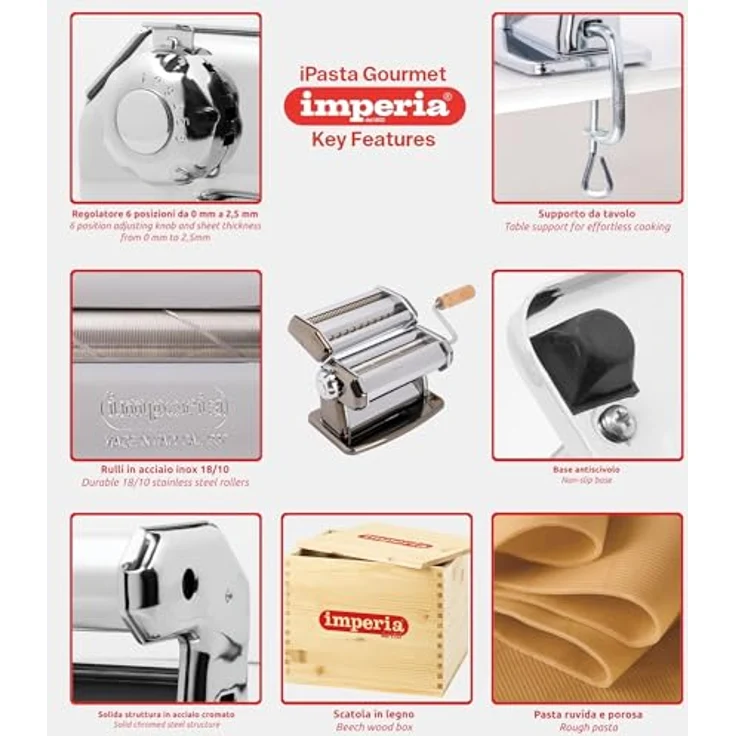 Imperia IPASTA T6,5/12 mm RUVIDA, Pastamaschine in Silber mit sechs Teigstärken und Duplex-Schneidegerät für Tagliatelle und Fettuccine – Bild 4