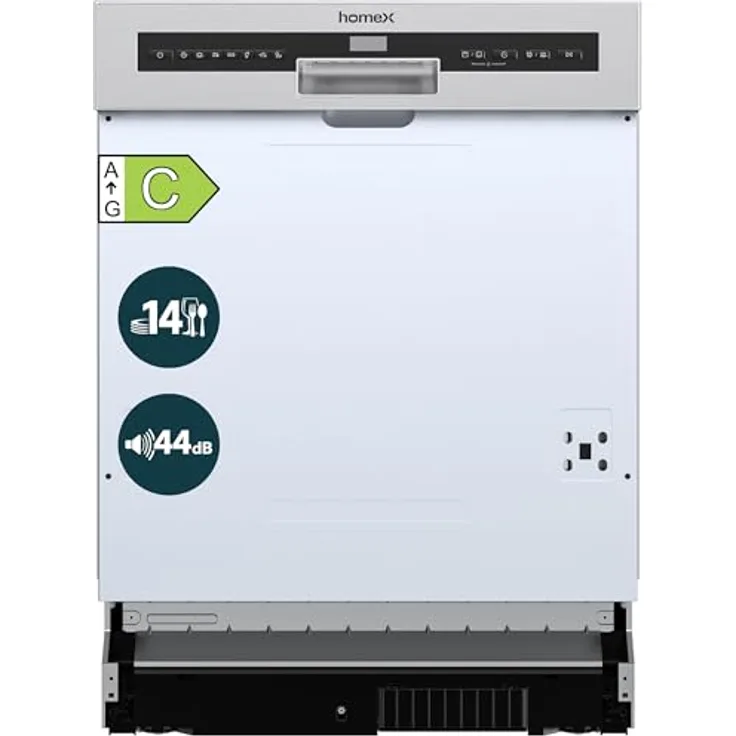homeX DWSI601444C Geschirrspüler 60 cm, teilintegrierbare Spülmaschine für 14 Maßgedecke, 7 Programme, AquaStop, 44 dB, Edelstahl-Innenraum