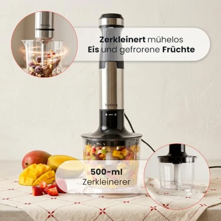Huslog Stabmixer 3-in-1, 1500 W mit Zerkleinerer, Schneebesen und 20 Geschwindigkeitsstufen, HUS1048 – Bild 5