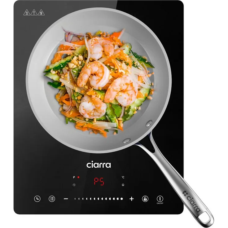 CIARRA CBTIH1 Einzel-Induktionskochplatte 30cm, 2000W mit Touch-Control, kratzfestem Mikrokristall-Keramikglas, schwarze Farbe, Timerfunktion und kindersicher.