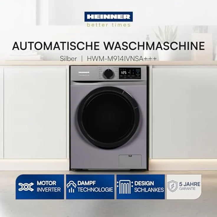 Heinner HWM-M914IVNSA, Schlanke Waschmaschine 9 kg, 1400 U/min, mit LED Display, Silber – Bild 5