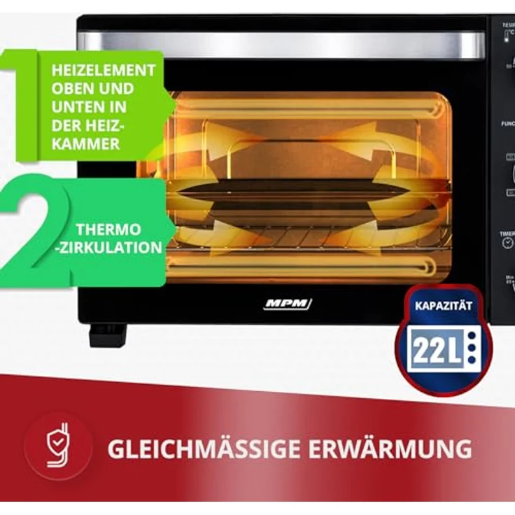 MPM MPE-14/T Mini Backofen 22L - Elektrobackofen 1300W mit Umluft und Doppelglas-Tür, Weiß – Bild 3