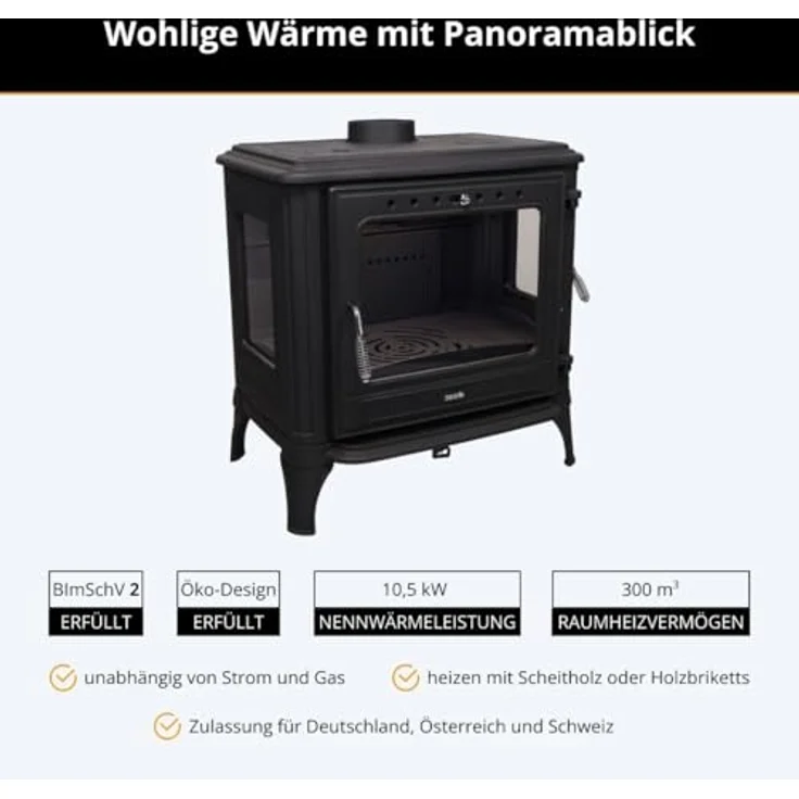 365 Kaminofen Ferrox 75 Panorama Plus, Gusseisen mit 10,5 kW Nennwärmeleistung, schwarze Ausführung, verglaste Seitentür und zwei Luftregler – Bild 2