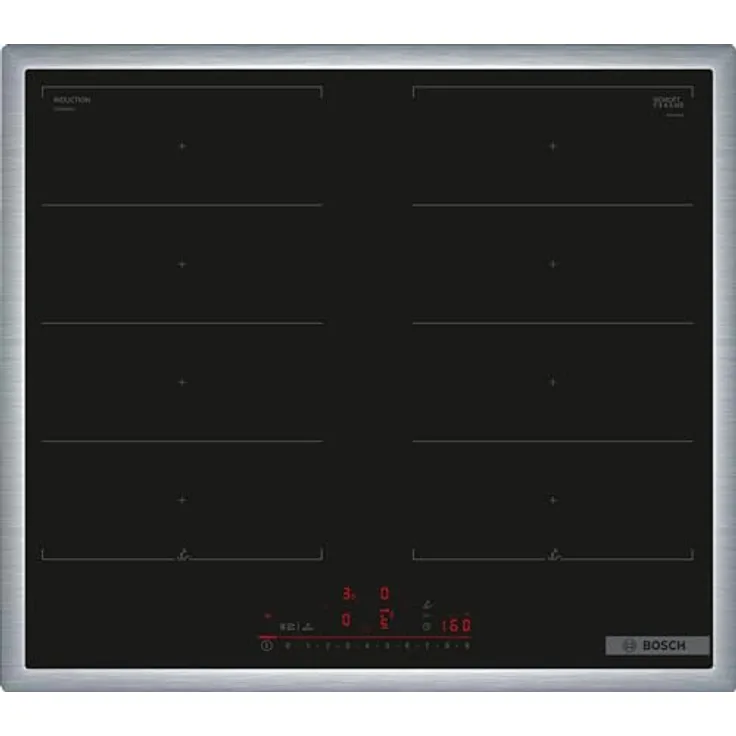 Bosch PXX645HC1E Serie 6 Smartes Induktionskochfeld (autark), 60 cm breit, Freie Platzwahl, 28 cm große Induktions-Kochzone, Umlaufender Rahmen, Kochfeldbasierte Haubensteuerung