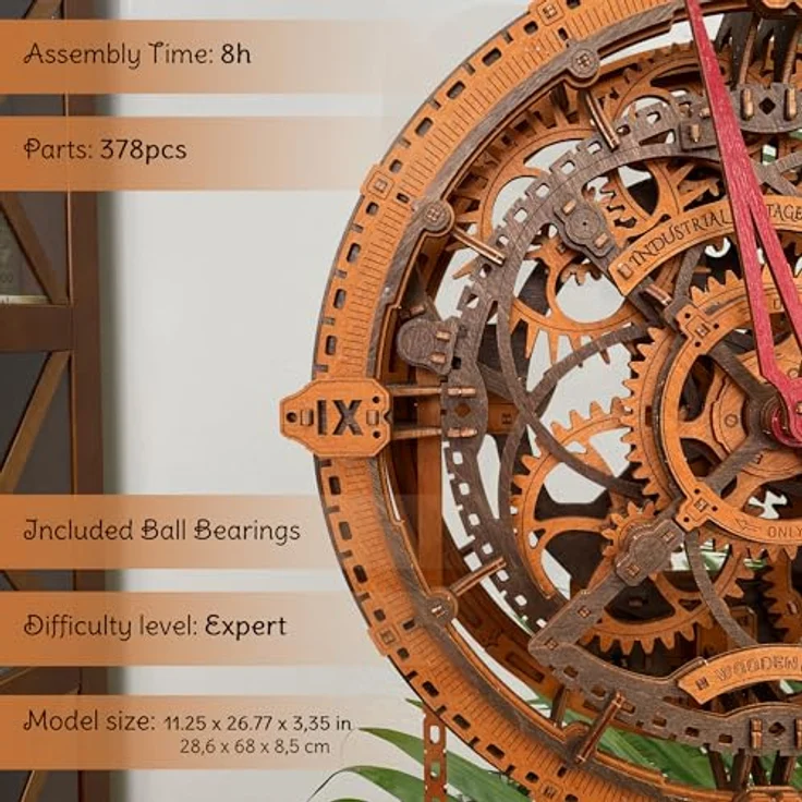 WoodenCity 3D-Holzpuzzle Wanduhr, Industrielle Vintage-Wanduhr mit präzise gearbeiteten Zahnrädern und hochwertigem Holz – Bild 3