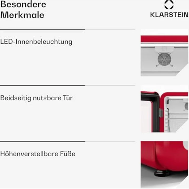 Klarstein Audrey Evo Getränkekühlschrank, 68 Liter, 67 cm hoch, Retro-Optik, energieeffizient, umkehrbare Tür, rot – Bild 6