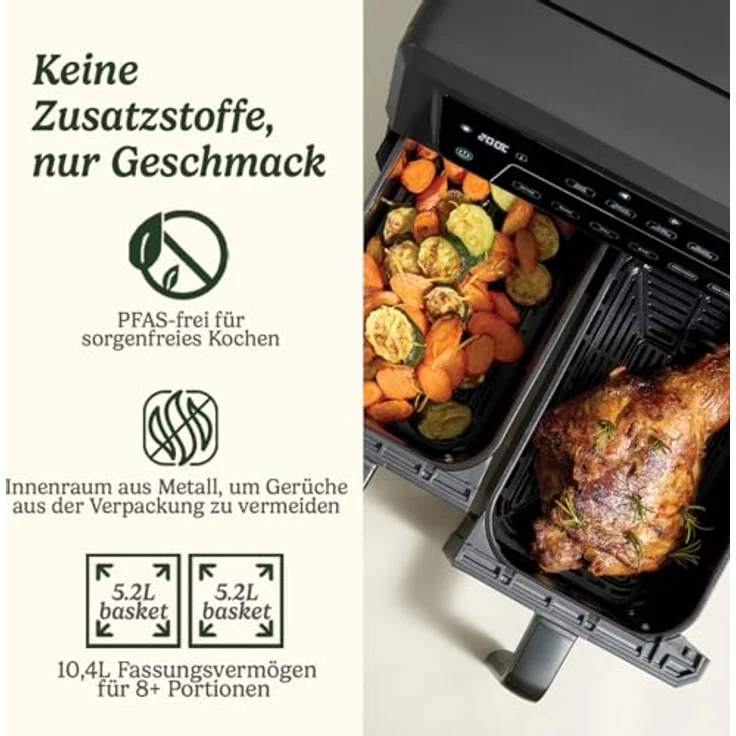 Cuisinart XXL 10.4L Zweizonen-Heißluftfritteuse| PFAS Frei | Chemiekalien frei| 6-IN-1-Kochfunktionen | 2 Kammern| 2 x 5.2L - 8+ Portionen| Spülmaschinenfeste Teile – Bild 3