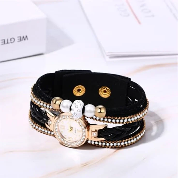 JewelryWe Vintage Damen Armbanduhr, Analog Quarz Uhr mit Schwarz Geflochtenem Lederarmband und Strass, 10m Wasserdicht, Ideal als Geschenk für Frauen – Bild 4
