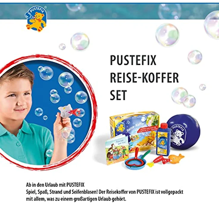 Pustefix Reisekoffer Set I Seifenblasen-Set + original Pixi Buch + Wasserball I Bunte Rainbow Bubbles Made in Germany I Seifenblasen für Kinder & Erwachsene I 250 ml – Bild 3