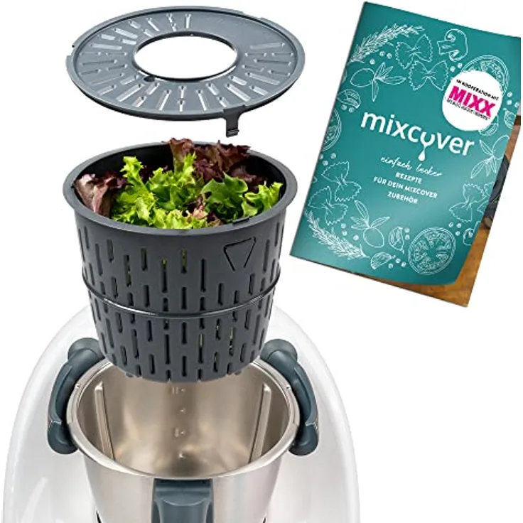 mixcover verbesserte Version Salatschleuder mit Ebook Rezeptheft kompatibel mit Thermomix TM6 TM5 – waschen und trocknen von Salat – Salattrockner - auch zum Kochen geeignet