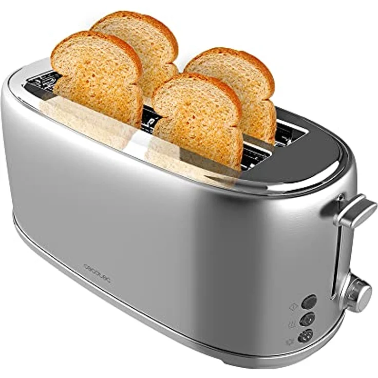 Cecotec Toast & Taste 1600 Retro Double Inox Toast, 4 Scheiben, 1630 W, 2 breite 3,8 cm lange Schlitze, Edelstahl, obere Stäbe, verstellbare Leistung, Krümelauffangschale – Bild 1