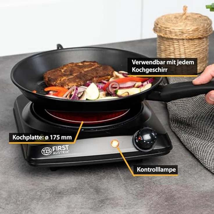 TZS First Austria Infrarot Keramik-Herdplatte | ALLE Topfarten | Einzelkochplatte 17,5cm | Kochfeld für Umzug, Camping, Ferienwohnung - schnelles Aufheizen & stufenlose Einstellung - Kontrollleuchte – Bild 5