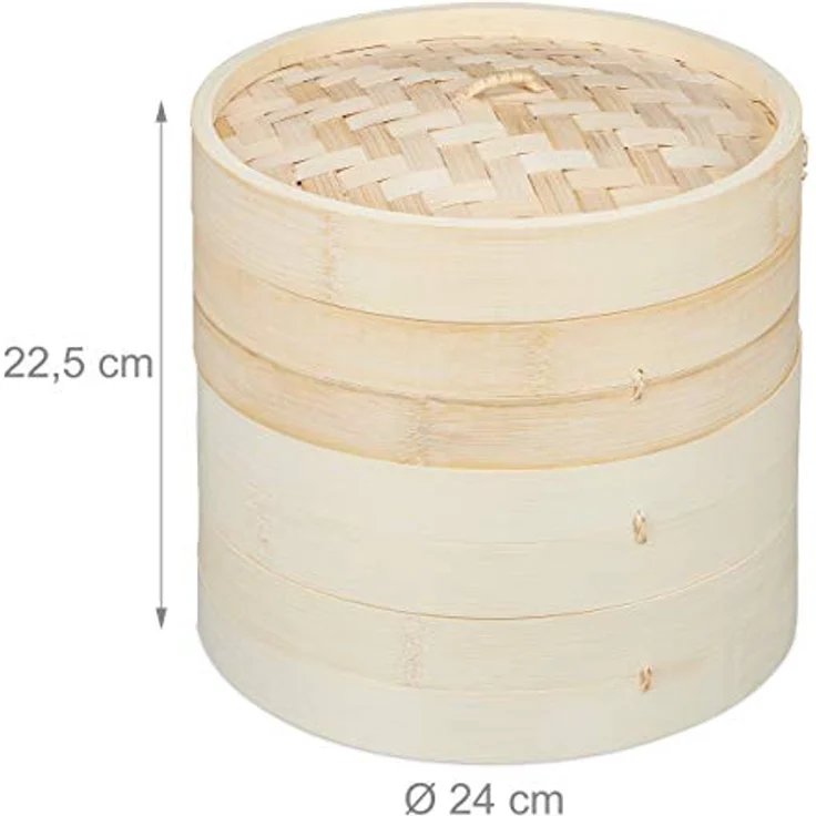 Relaxdays 10031463 Bambus, asiatischer Dämpfkorb mit 3 Etagen, für Dim Sum, Reis, Ø 24 cm, Natur, Hellbraun, traditioneller Dampfgarer – Bild 4
