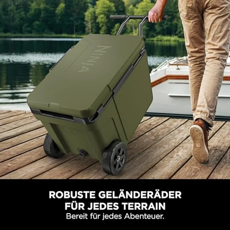 Ninja FrostVault Kühlbox mit Rollen, 42 L, isoliert mit Dry Zone Schublade, inklusive Ninja Thirsti Flasche 530 ml und Kühlakku, olivegrün, FB245AMZEUUKGN – Bild 3