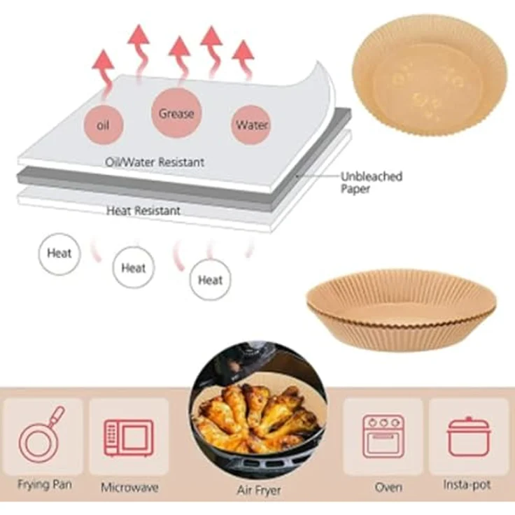 INF Air Fryer Einwegpapier, 100 Stück Weiß, gebrauchsfertige Pergamentbögen für 3–6 l Heißluftfritteuse mit erhöhtem Rand – Bild 5