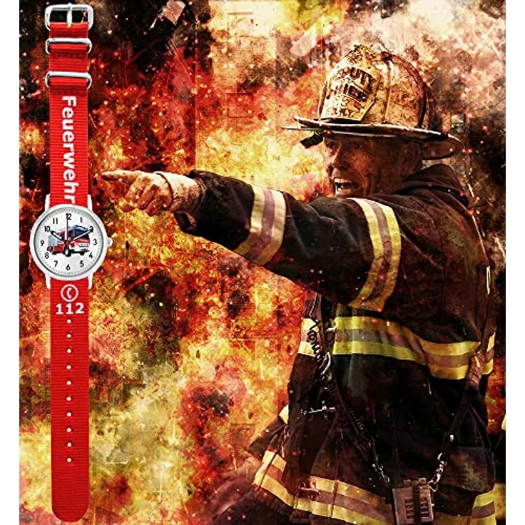 Pacific Time Kinder Armbanduhr Feuerwehr, Analog Quarz mit Wechselarmband in Rot, 10-fach verstellbar, leuchtende Zeiger und Punktindexe – Bild 4