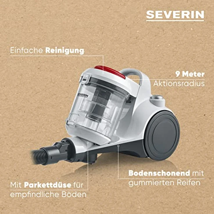SEVERIN Beutelloser Zyklon-Staubsauger, Bodenstaubsauger für Allergiker, Staubsauger ohne Beutel mit Premium-Eco-Boden- und Parkettdüse, 2 L, weiß-silber-rot, CY 7106 – Bild 4