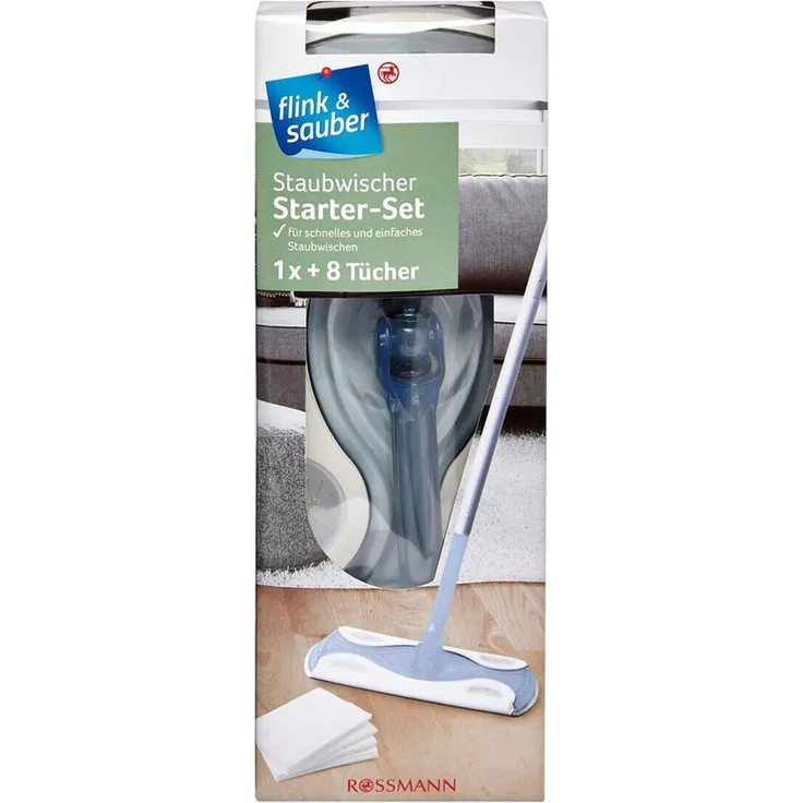 flink & sauber Staubwischer Starter-Set, inkl. 8 Mikrofaser Wischtücher, Teleskopgriff für glatte Bodenbeläge