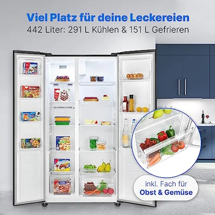 Bomann® Side by Side Kühl Gefrierkombination mit Total No Frost und 442L Nutzinhalt, Kühlschrank Side by Side mit MultiAirflow-Technologie, Verbrauch 287 kWh/Jahr - 177x90x59cm - SBS 7344 black-inox – Bild 3