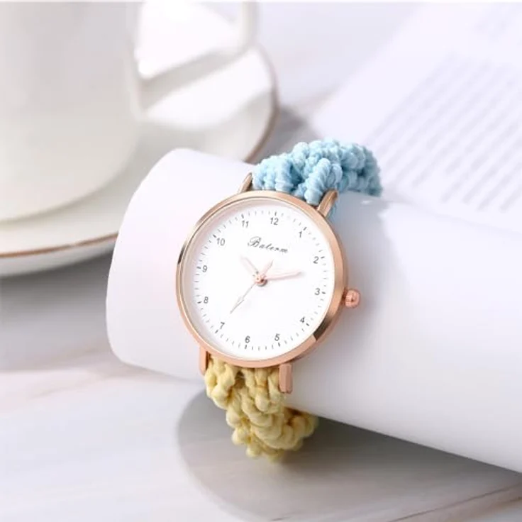 JewelryWe Damenuhr mit elastischem Haarband, Analog Quarz Armbanduhr in Blau und Gelb, Multifunktionale Lässige Uhr – Bild 2
