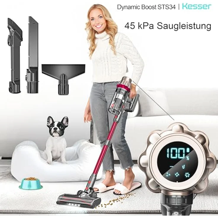 KESSER® Akku Staubsauger STS34, kabellos mit 70 Min. Laufzeit, HEPA-Filter, Anti-Tangle-Bodenbürste für Hartböden und Teppich, LED-Display – Bild 2