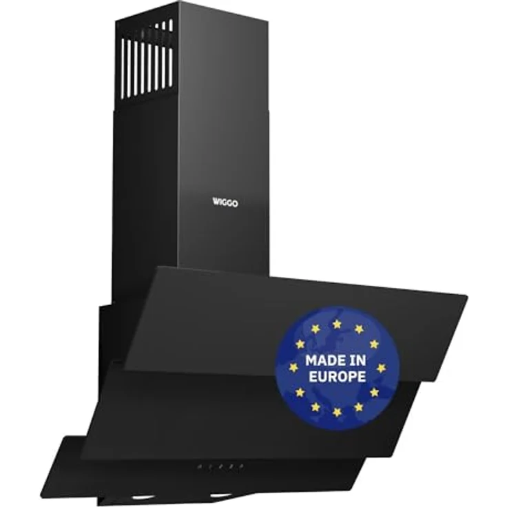 Wiggo B643 Dunstabzugshaube 60cm kopffrei I Abluft Umluft Dunstabzug 615m³/h - Touch-Display 4 Stufen I Energieeffizienzklasse B Schräghaube inkl. 2x Kohlefilter I Abzugshaube Glasfront schwarz – Bild 1