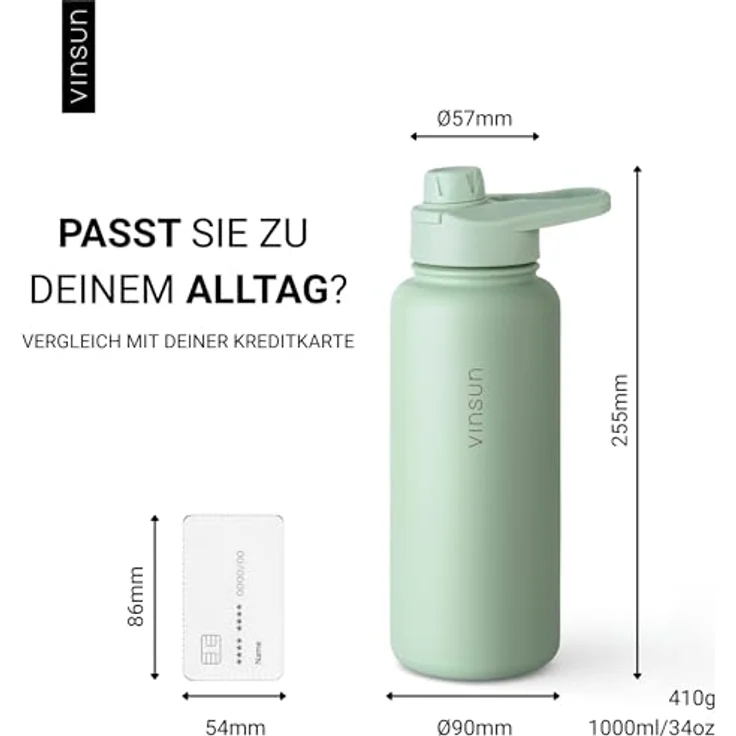 VINSUN Edelstahl Trinkflasche grün 1L, auslaufsicher, kohlensäuregeeignet, BPA-frei, mit Strohhalm und Trinköffnung, Thermoflasche für Sport, Schule und Camping – Bild 5