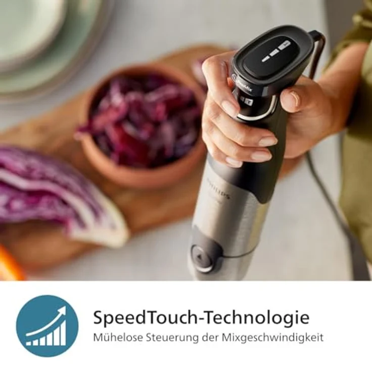 Versuni Philips 5000-Serie Stabmixer - 1200W Leistung. ProMix-Technologie. LED-Geschwindigkeitsanzeiger. Stufenlose Geschwindigkeitseinstellung. Kompaktes Design. Leicht zu reinigen. Schwarz – Bild 5