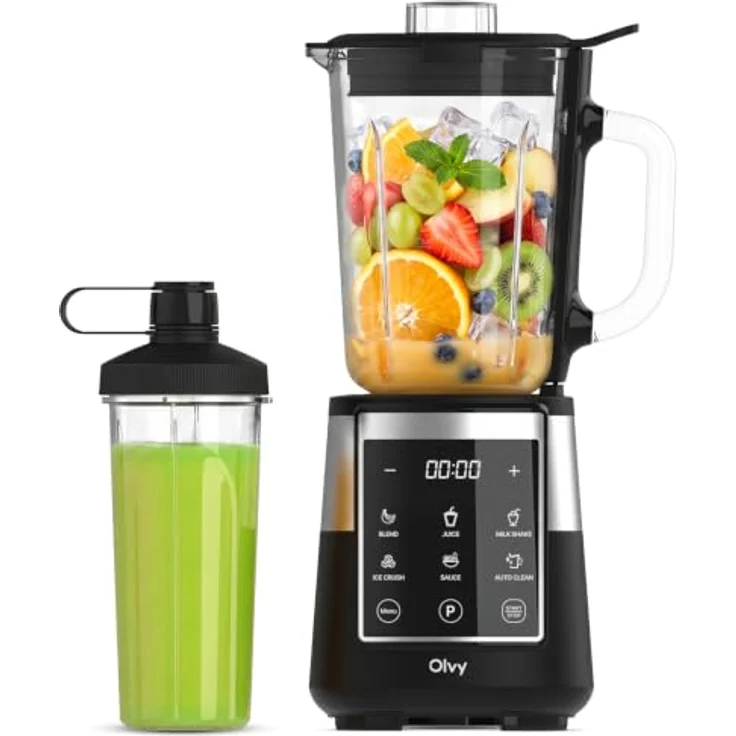 Olvy Standmixer Smoothie Maker, 1.5L Glasbehälter mit 6-Klingen-System und LED-Timer, inklusive To-Go Flasche – Bild 1