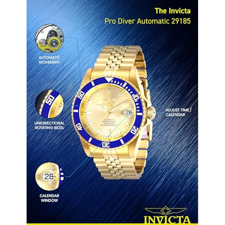 Invicta Pro Diver 29185, Edelstahl Herren Automatikuhr mit Champagnerfarbe Zifferblatt, 42mm, 20 bar wasserdicht – Bild 5