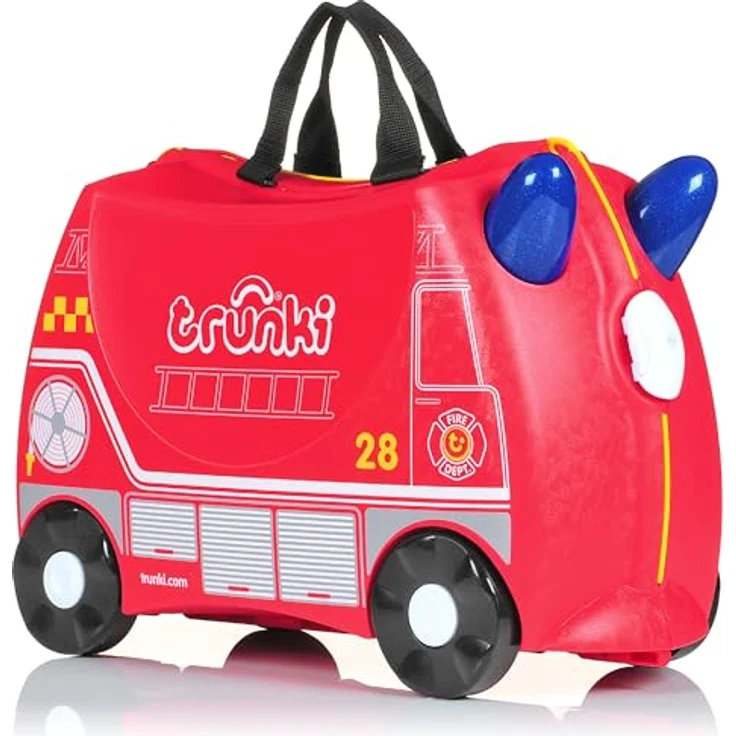 TRUNKI Kinderkoffer Trolley Frank Feuerwehrauto (Rot) | Handgepäck zum Draufsitzen | Reisegefährte für Kinder mit 5 Jahren Garantie – Bild 1