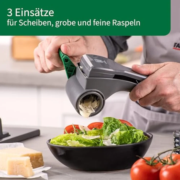 FACKELMANN Chefkoch Trommelreibe mit Kurbel, 3 Einsätzen für Gemüse, Käse und Nüsse – Leichtes Befüllen durch große Öffnung, 21 cm x 10,5 cm x 10 cm – Bild 4
