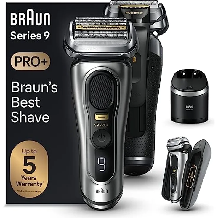 Braun Series 9 Pro+ Rasierer Herren, Elektrorasierer mit 5 Pro Rasierelementen, Langhaarschneider & Reinigungsstation, Rasierer-Ladeetui PowerCase, 60 Min Laufzeit, Made in Germany, 9577cc, Silber