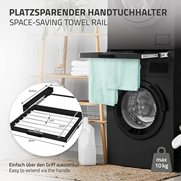 ML DESIGN modern living Zwischenbaurahmen mit Wäscheleine Stahl 60,5x54,5cm Schwarz, Ausziehbarer Handtuchhalter, Universal Einsatzbereit – Bild 3