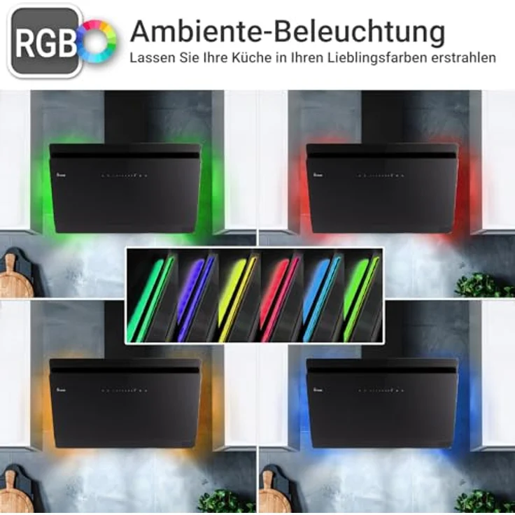 KKT KOLBE SOLO9005SM Dunstabzugshaube 90 cm, A+++ Energieeffizienz, 782 cbm/h, Umluft/Abluft, Smart WiFi, Glas Schwarz, SensorTouch, RGBW LED-Beleuchtung, Nachlaufautomatik – Bild 4