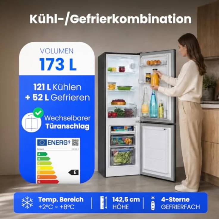 Bomann® KG 320.3 Kühlschrank mit Gefrierfach, 143 cm, Kühl-Gefrierkombination in dark-inox, 173L, leise, Türanschlag wechselbar – Bild 2