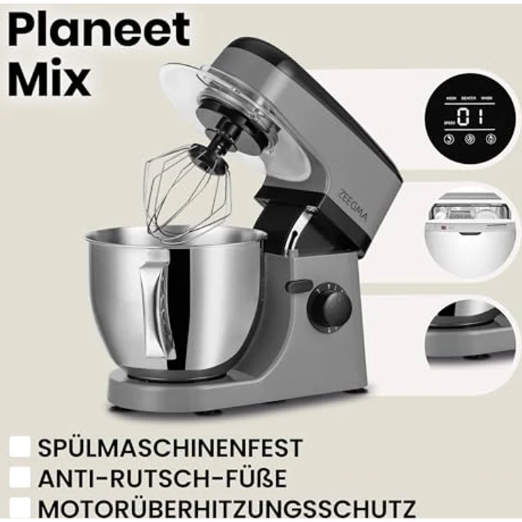 Zeegma Küchenmaschine PLANEET MIX, 1800W, 5L Schüssel, 8 Betriebsmodi, mit Touchscreen, Silikonpads und Anti-Rutsch-Pads – Bild 6